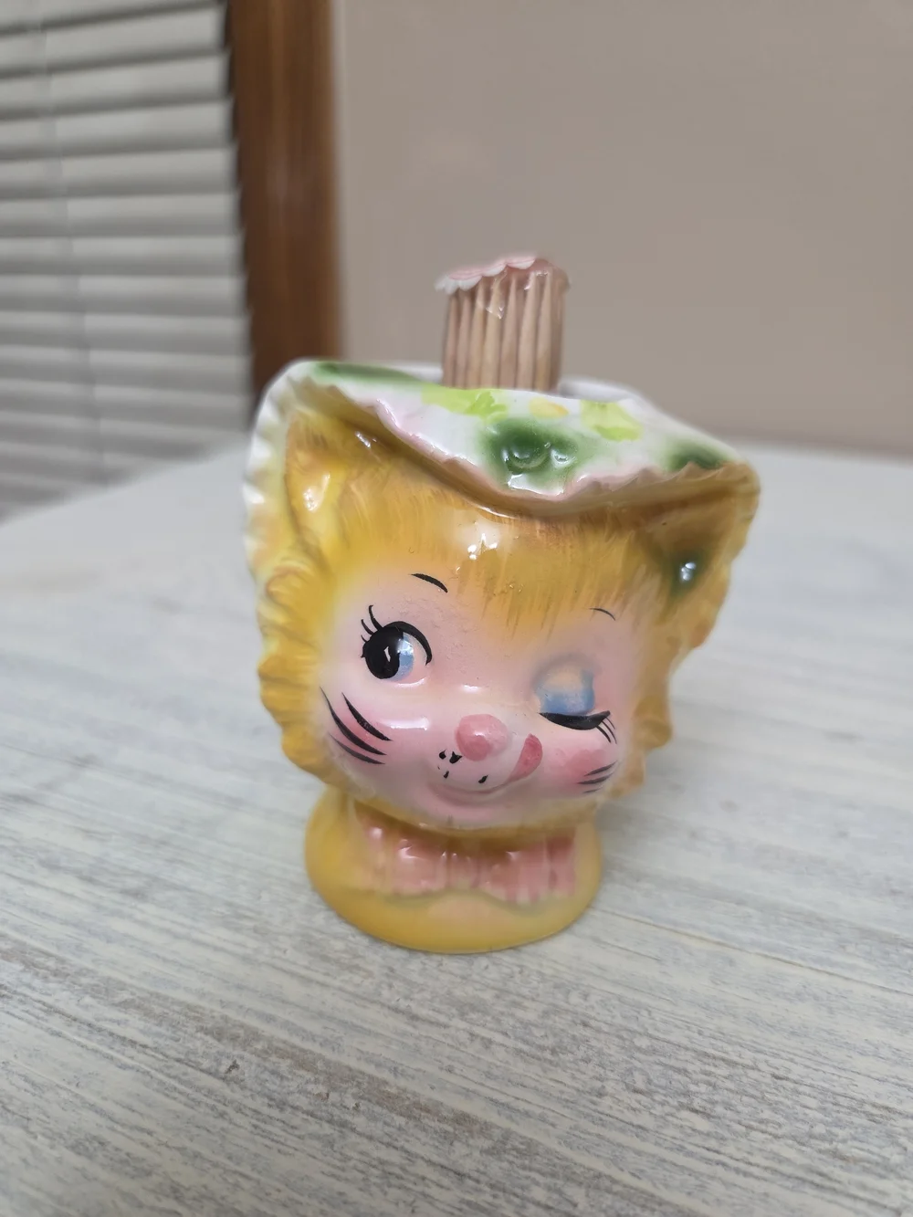 Enesco Yellow and Pink Ceramic Kitty Toothpick Holder
